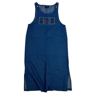 Original TY Wear Denim Blue Jean Sleeveless Dress Jumper Embroidered Flowers 14